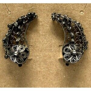 Vintage Oxidized Sterling Silver Earrings Filigree Clip On Climbers Wings Leaf